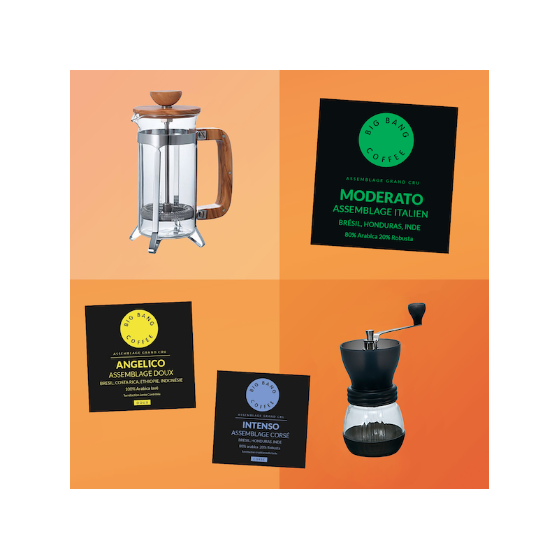 Coffret cadeau Easy Brew - French Press Bois + moulin - Grains - 2 tasses  - 1