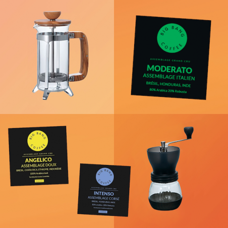 Coffret cadeau Easy Brew - French Press Bois + moulin - Grains - 2 tasses  - 1