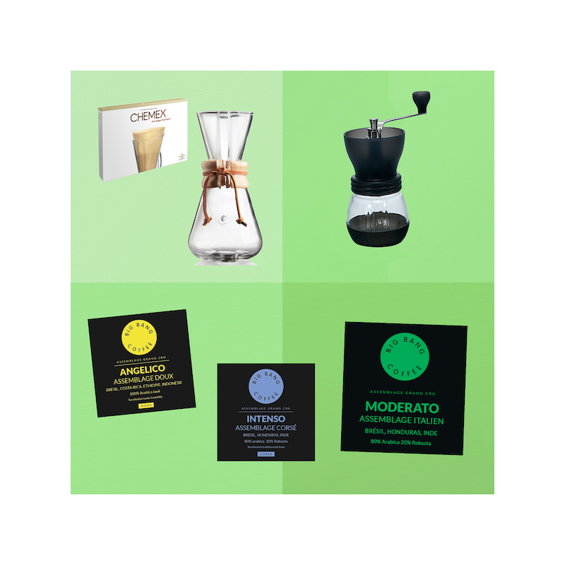Kit découverte Vintage Coffee Lover - Chemex + filtres + moulin - Grains - 1/3 tasses  - 1