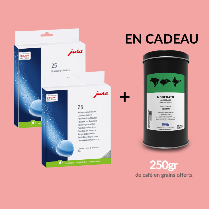 Lot 2x 25 pastilles de nettoyage 3 en 1 - Machines à café Jura + 250g de café offert !